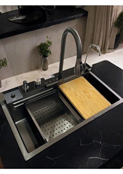 Paslanmaz Çelik Tam Otomatik 9 Fonksiyonlu Eviye Seti Tezgah Üstü Antrasit Renk