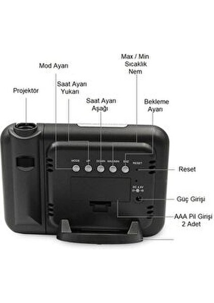 Projektörlü Lcd Ekranlı Dijital Masa Saati Yansıtmalı Tarih Derece Nem Asimetrik Şekil