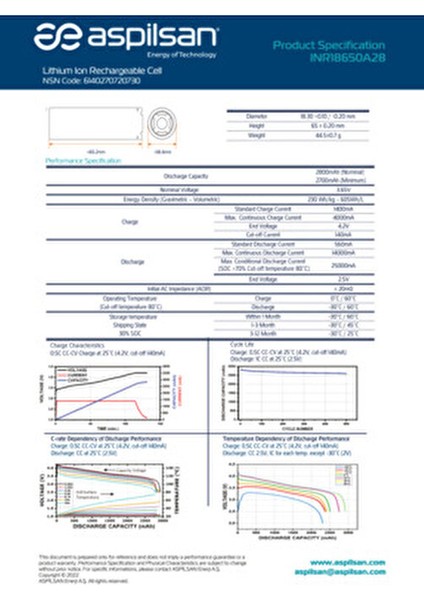 A28 2800 mAh 3.65V Lityum İyon Pil - ASPİLSAN Yüksek Performanslı Şarj Edilebilir Hücre fiyatları