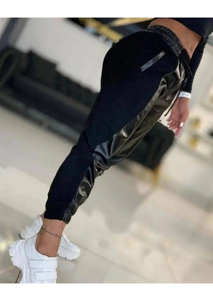 Kadın Yüksek Bel Lastikli Cepli Deri Detaylı Dalgıç Pantolon