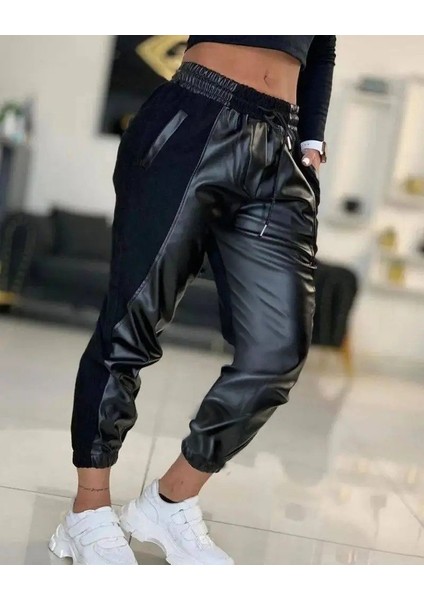 Kadın Yüksek Bel Lastikli Cepli Deri Detaylı Dalgıç Pantolon fiyatları