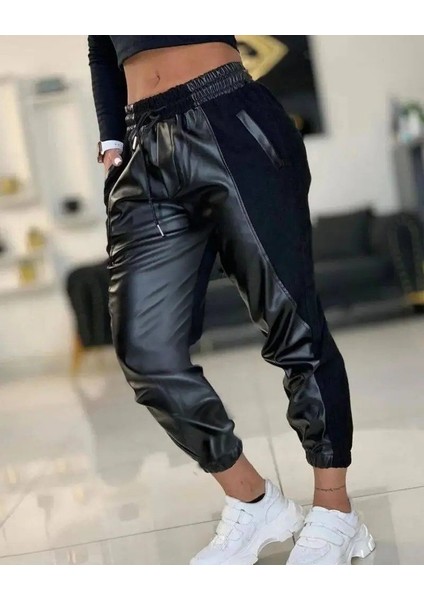 Kadın Yüksek Bel Lastikli Cepli Deri Detaylı Dalgıç Pantolon modelleri