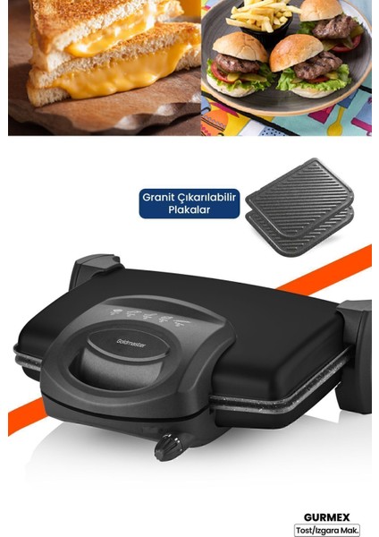 Siyah Granit Tost ve Izgara Makinesi, 1750W, 5 Kademe Isı Ayarı