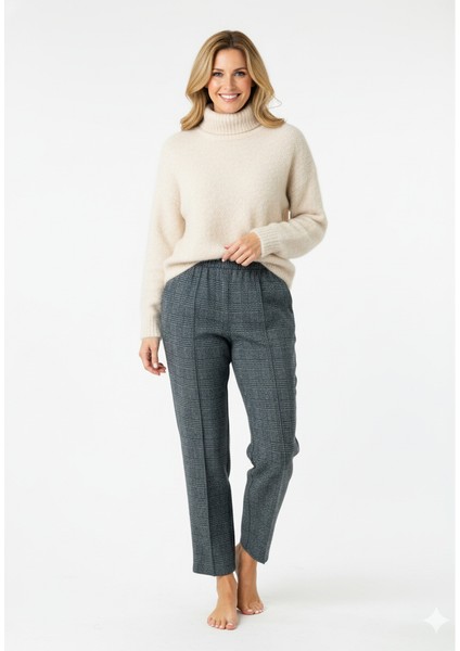 Kadın Pantolon Cepli Battal Beden Kalın Kışlık Şardonlu Pamuk Dokulu Lastikli Kırçıl Desenli