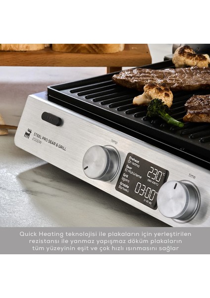 Steel Pro Sear ve Grill Tost Makinesi, Yanmaz Yapışmaz Döküm Plakalar