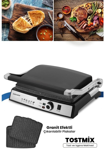 Paslanmaz Çelik Tost ve Izgara Makinesi, 2000W, Granit Plakalar
