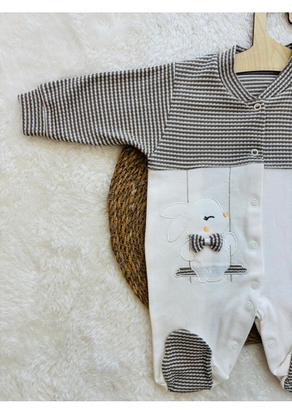 Tavşan Nakışlı Çizgili Bebek Tulum – Ayaklı Çıtçıtlı Uzun Kollu Yenidoğan Tulum fiyatları