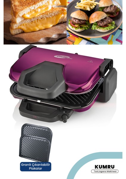 Kumru Mor 1800W Granit Çıkarılabilir Plakalı Tost ve Izgara Makinesi