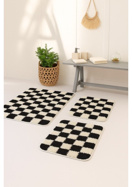 Chess Dama Desen 3'lü Banyo Paspası KEMIK-SIYAH80X50 50X40 50X40 cm Yıkanabilir Lateks Kaymaz Taban