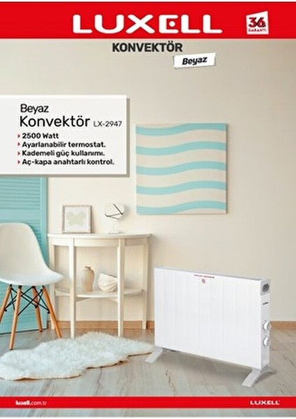 Beyaz Luxell HC-2947 Konvektör Isıtıcı 2500W Güç ve Ayarlanabilir Termostat ile Konforlu Isıtma