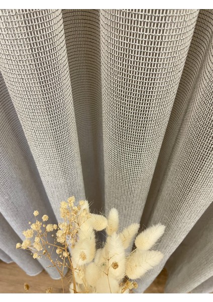 Bej Renk Modern Dokulu Örme 1/3 Sık Pile Tül Perde