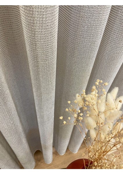 Bej Renk Modern Dokulu Örme 1/3 Sık Pile Tül Perde modelleri