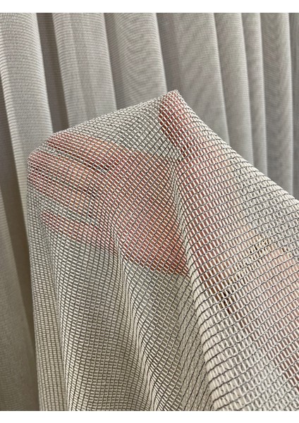 Bej Renk Modern Dokulu Örme 1/3 Sık Pile Tül Perde