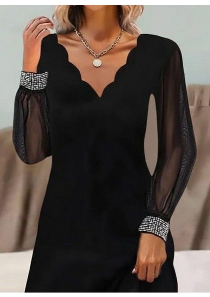 Kadın Uzun Kollu V Yaka Lazer Kesimli Tül Detaylı Mini Ithal Krep Elbise fiyatları