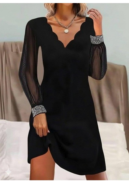 Kadın Uzun Kollu V Yaka Lazer Kesimli Tül Detaylı Mini Ithal Krep Elbise fırsatları