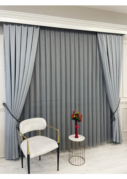 Koyu Gri Renk Modern Dokulu Örme 1/3 Sık Pile Tül Perde