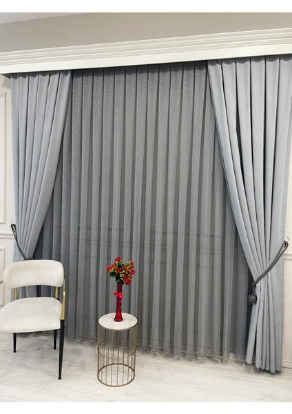 Koyu Gri Renk Modern Dokulu Örme 1/3 Sık Pile Tül Perde