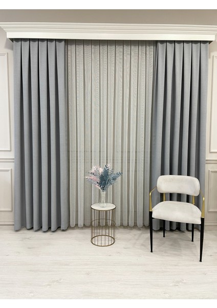 Gri Renk Modern Dokulu Örme 1/3 Sık Pile Tül Perde