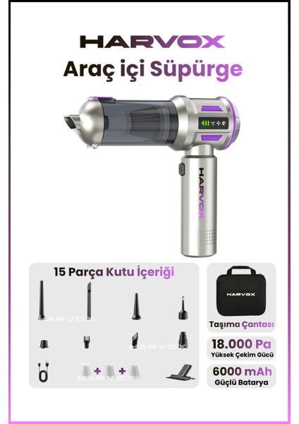 18000PA Güçlü Vakum Araç Süpürgesi Taşınabilir Çantalı 6000MAH Bataryalı Üflemeli HXVC-003