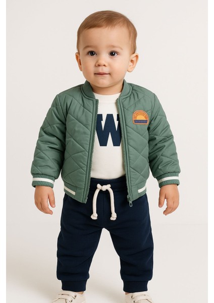 Erkek Bebek Kapitone Desenli Mont Eşofman Sweatshırt 3 Parça Erkek Bebek Takım Set