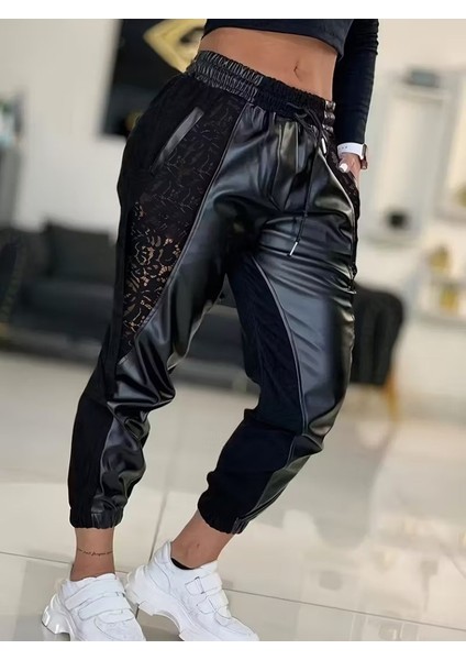 Kadın Yüksek Bel Lastikli Yanda Dantel Detaylı Bağcıklı Deri Pantolon