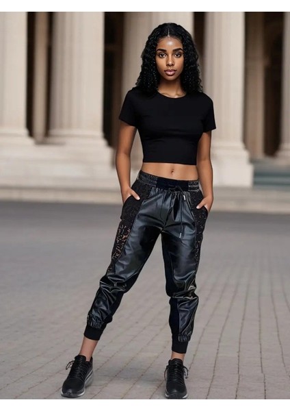 Kadın Yüksek Bel Lastikli Yanda Dantel Detaylı Bağcıklı Deri Pantolon fiyatları
