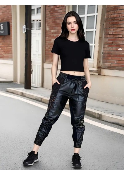 Kadın Yüksek Bel Lastikli Yanda Dantel Detaylı Bağcıklı Deri Pantolon modelleri