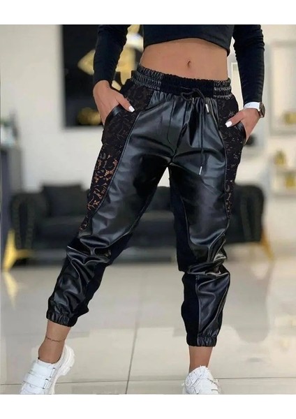 Kadın Yüksek Bel Lastikli Yanda Dantel Detaylı Bağcıklı Deri Pantolon fırsatları