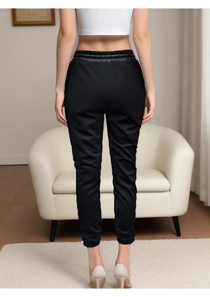 Kadın Yüksek Bel Lastikli Yanda Dantel Detaylı Bağcıklı Deri Pantolon indirimleri