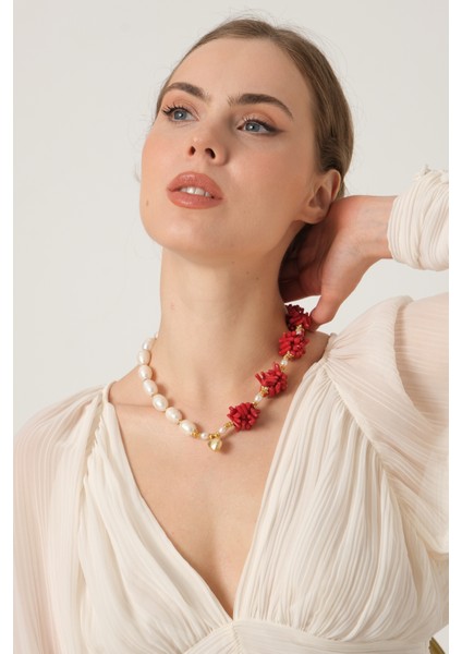 Gerçek Incili ve Mercan Taşlı Kolye