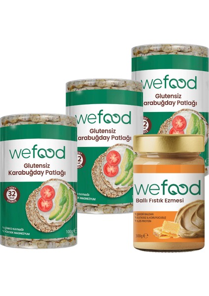 Şekersiz Ham Ballı Fıstık Ezmesi 300 gr + Wefood Glutensiz Karabuğday Patlağı 100 gr 3'lü