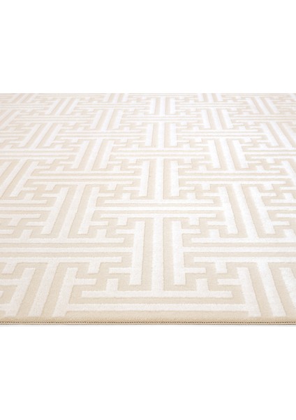 Lena Bej Krem Halı Geometrik Girift Desen Kabartmalı Lazer Kesim Akrilik Halı Yumuşak Makina Halısı