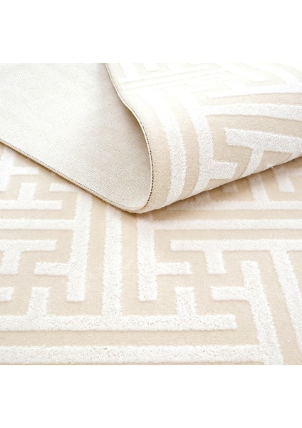 Lena Bej Krem Halı Geometrik Girift Desen Kabartmalı Lazer Kesim Akrilik Halı Yumuşak Makina Halısı