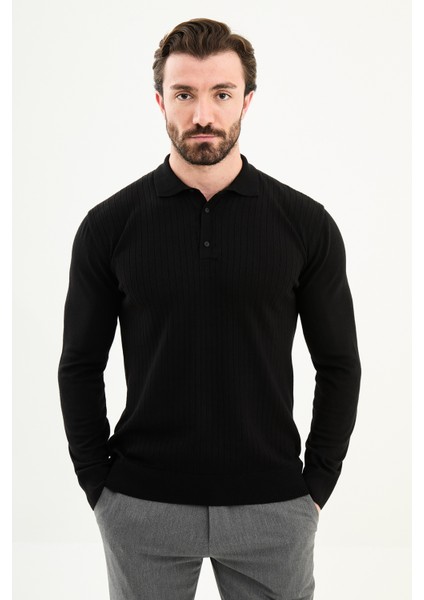 Fitilli Slim Fit Polo Yaka Erkek Triko Kazak
