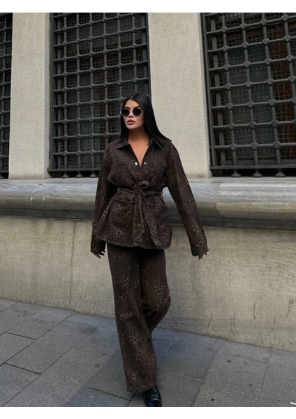 Leopard Desenli Oversize Ceket & Bol Paça Pantolon Takımı
