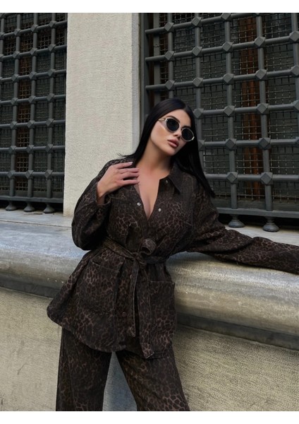 Leopard Desenli Oversize Ceket & Bol Paça Pantolon Takımı fiyatları