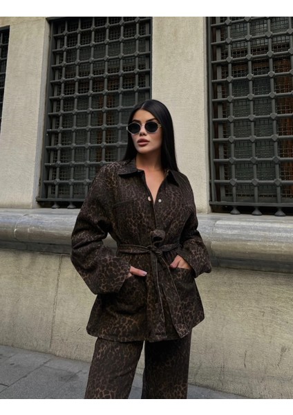 Leopard Desenli Oversize Ceket & Bol Paça Pantolon Takımı fırsatları