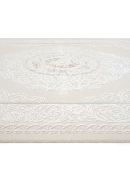 Lena Krem Bej Klasik Göbekli Halı Akrilik Dokuma Lazer Kesim Çerçeveli Ev Oturma Odası Salon Halısı