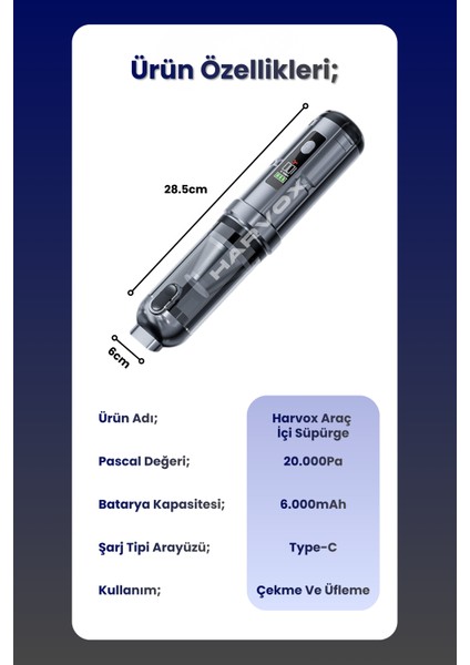 20000PA Güçlü Vakum Araç Süpürgesi 6000MAH Bataryalı Üflemeli LED Aydınlatmalı ST6699A+