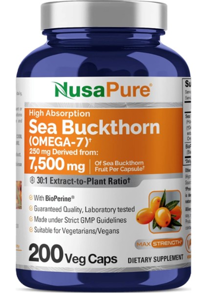 Sea Buckthorn Omega-7 30:1 Extract, 250 Mg Equivalent To 7,500MG Per Veggie 200 Capsules.