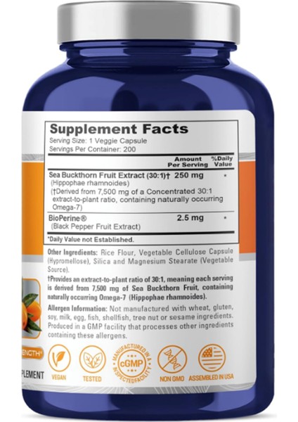 Sea Buckthorn Omega-7 30:1 Extract, 250 Mg Equivalent To 7,500MG Per Veggie 200 Capsules. fiyatları