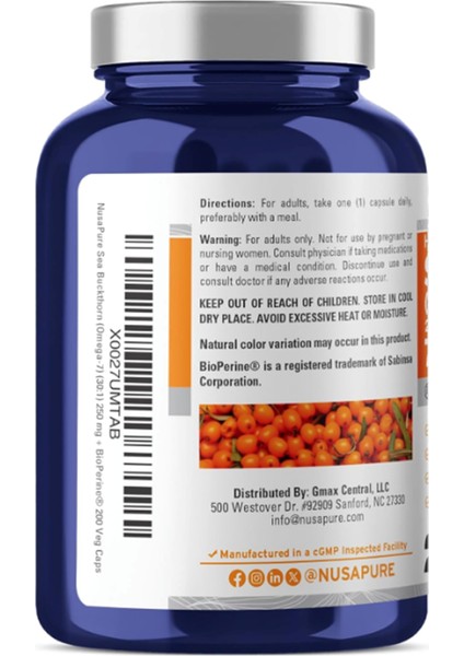 Sea Buckthorn Omega-7 30:1 Extract, 250 Mg Equivalent To 7,500MG Per Veggie 200 Capsules. modelleri