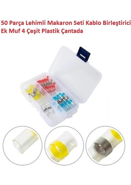 50 Parça Lehimli Makaron Seti Kablo Birleştirici Ek Muf 4 Çeşit Plastik Çantada