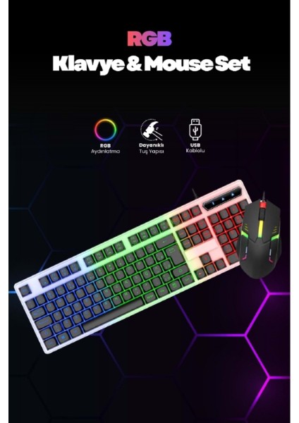 Kablolu Işıklı Standart Türkçe Q Klavye ve Mouse Seti