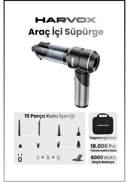 18000PA Güçlü Vakum Araç Süpürgesi Taşınabilir Çantalı 6000MAH Bataryalı Üflemeli HXVC-002