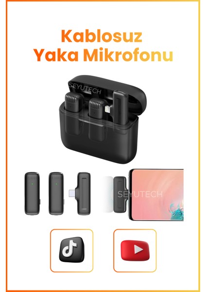 Kablosuz Yaka Mikrofonu Wireless Şarj Kutulu Canlı Yayın Ios ve Android Uyumlu Yaka Mikrofonu