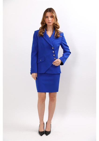 Erkek Yaka Asimetrik Ceket & Yırtmaçlı Düz Dar Etek-Saks