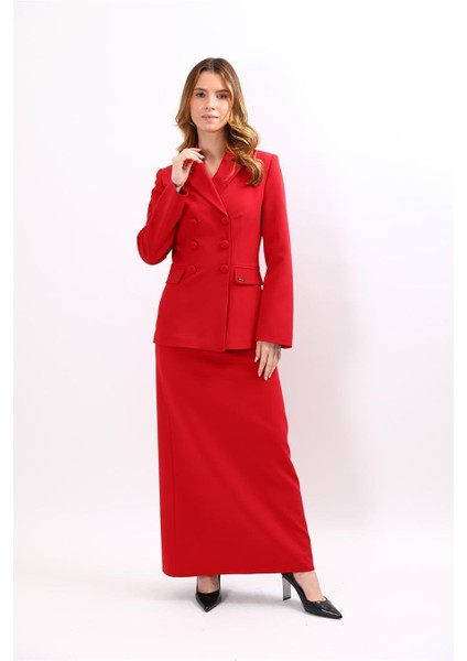 Erkek Yaka Blazer Ceket & Kemerli Kare Cepli Çan Etek-Kırmızı