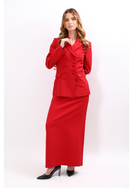 Erkek Yaka Blazer Ceket & Kemerli Kare Cepli Çan Etek-Kırmızı fiyatları