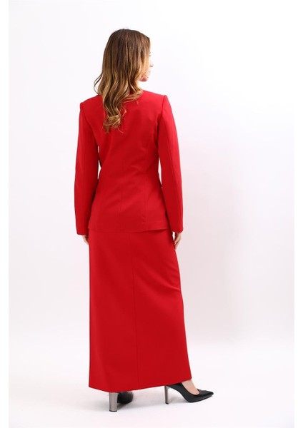 Erkek Yaka Blazer Ceket & Kemerli Kare Cepli Çan Etek-Kırmızı fırsatları